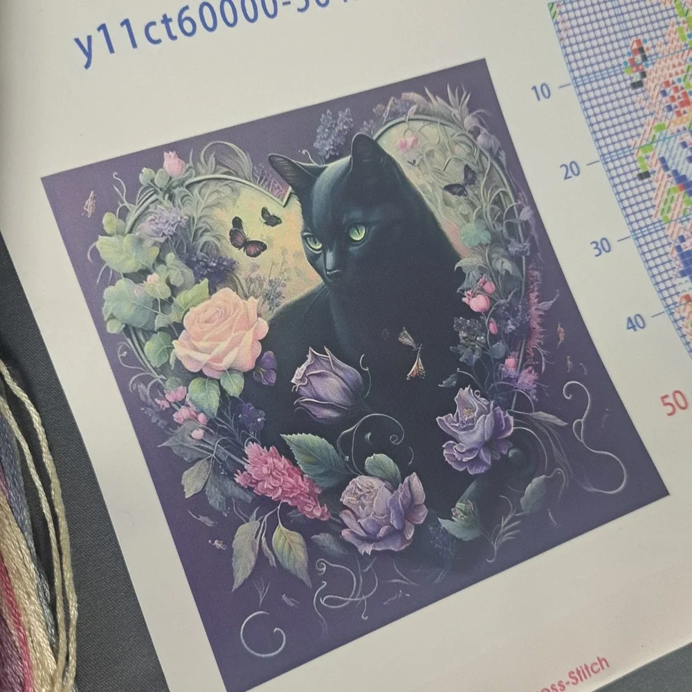 NEW Black Cat Flowers Pre Stamped‎ Cross Stitch Floral Cat Butterfly